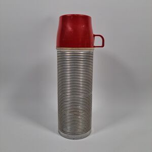 VTG King Seeley Thermos 2484 Vacuum Bottle Quart Size Ribbed Aluminum Red MCM